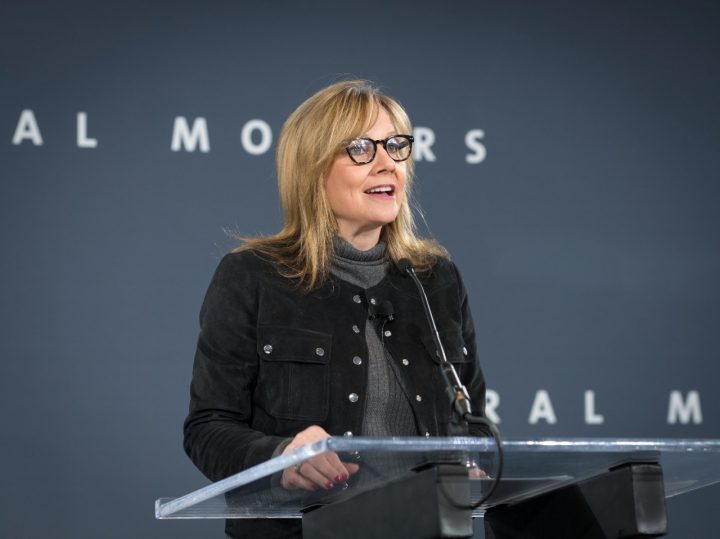 GM CEO Mary Barra delivers a speech.