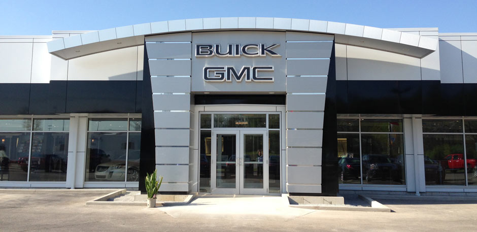 The main entrance of a GMC and Buick dealership.