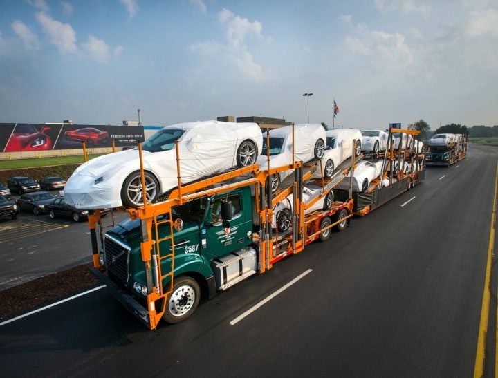 Jack Cooper truck transporting Corvette models from GM Bowling Green plant.
