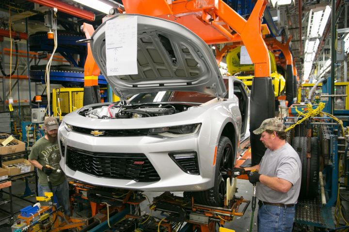 A sixth-generation Chevy Camaro being assembled at Grand River.