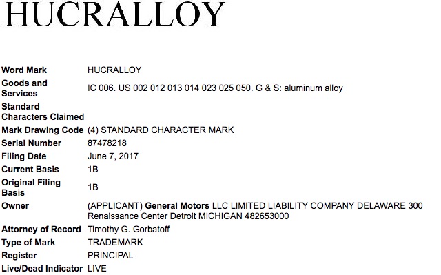 GM General Motors Hucralloy Trademark USPTO