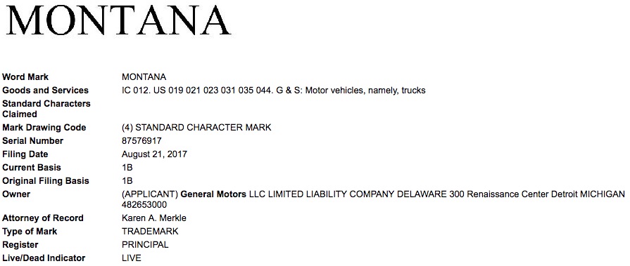 General Motors Montana Trademark Filing USPTO