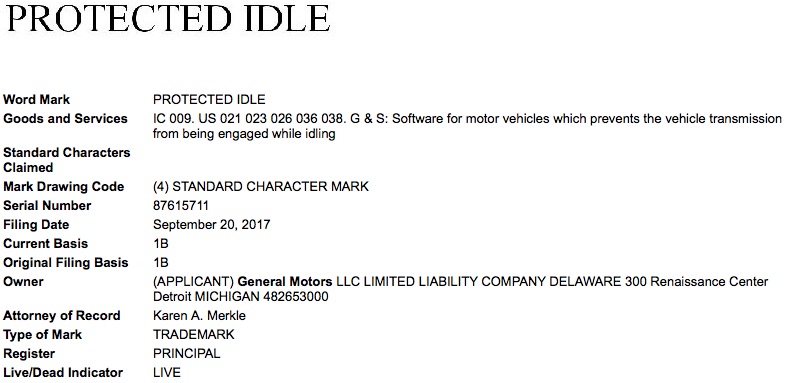 General Motors GM Protected Idle Trademark Application USPTO