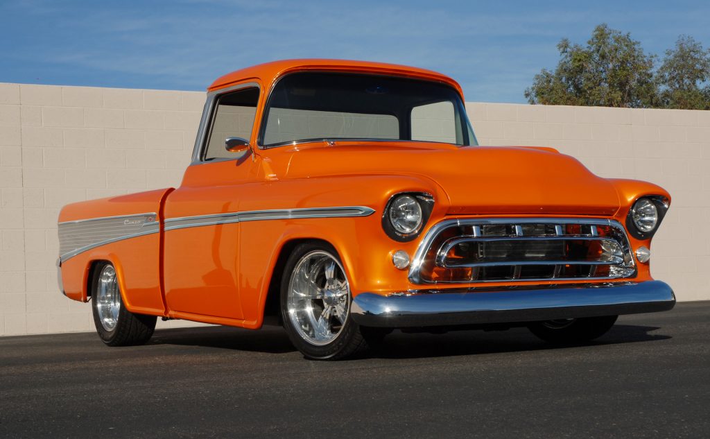 This 1957 Chevrolet Cameo Pickup, finished in full custom Orange Pearl paint, sold for $159,500 in Scottsdale, Arizona in 2007. The orange masterpiece features a 500 horsepower big block Chevy engine and a 400 transmission with Electric Overdrive. Style on the inside includes a full leather interior, vintage air conditioning, power steering, power disc brakes, power windows and a 400-watt stereo.