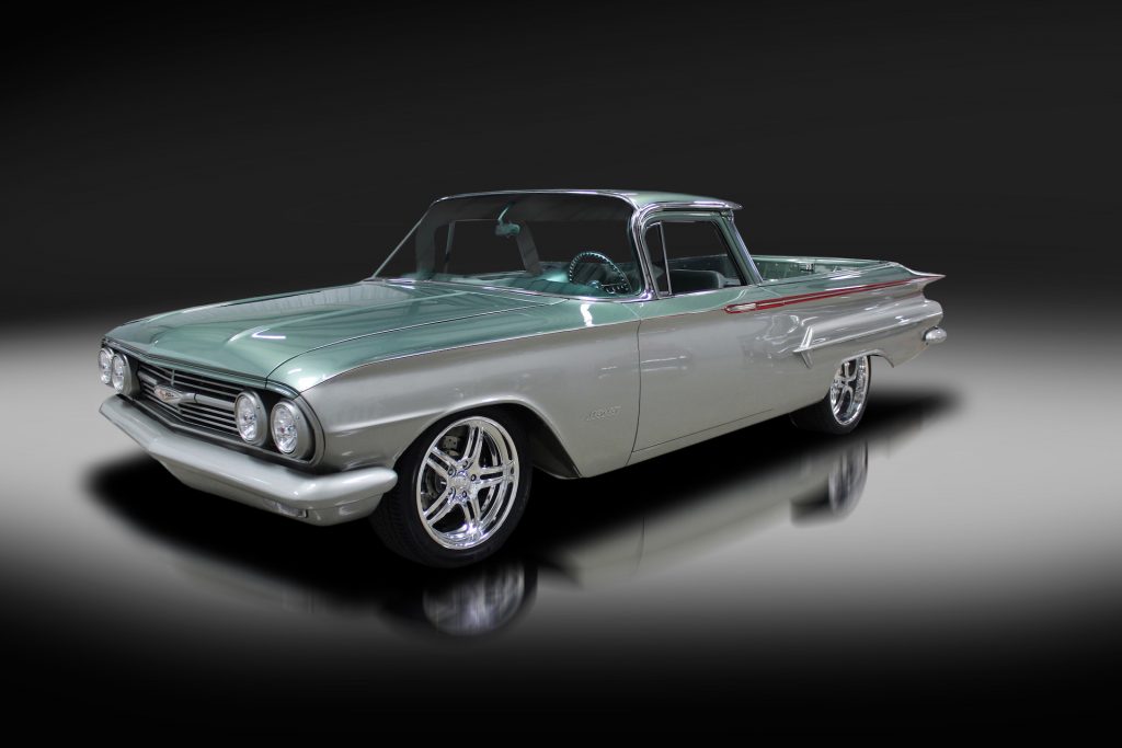 This 1960 Chevrolet El Camino Custom Pickup is a one-of-a-kind truck sold for $126,500 in Palm Beach, Florida in 2017. Nearly every piece of this vehicle has been customized, from its GM ZZ 502ci crate engine with a Ram Jet fuel-injection system to its fully custom leather interior and highly detailed and painted undercarriage.