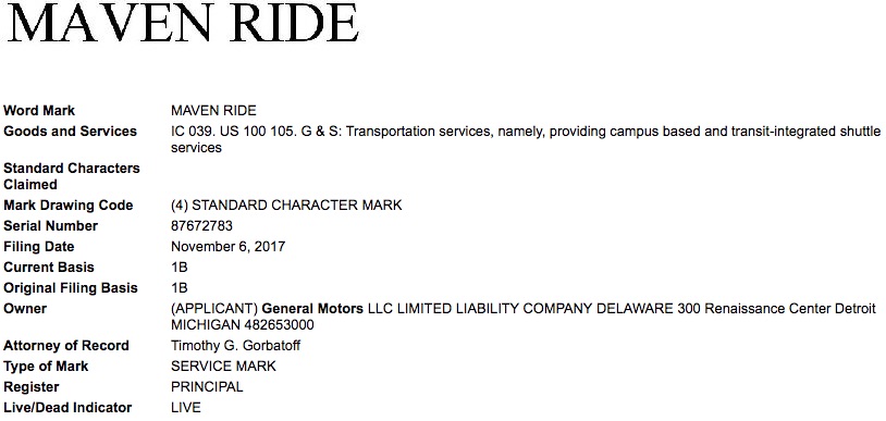 General Motors Maven Ride Trademark Application USPTO
