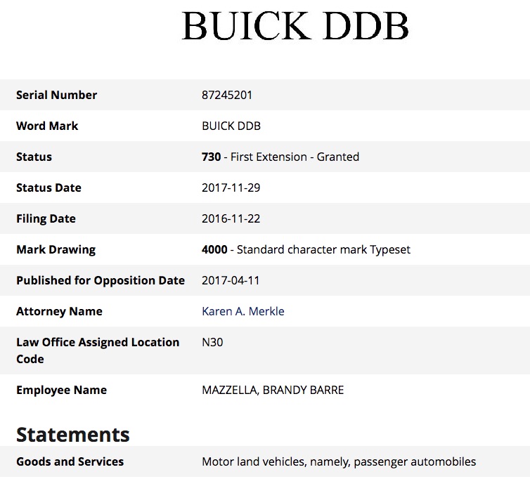 Buick DDB Trademark Filing - first extension granted