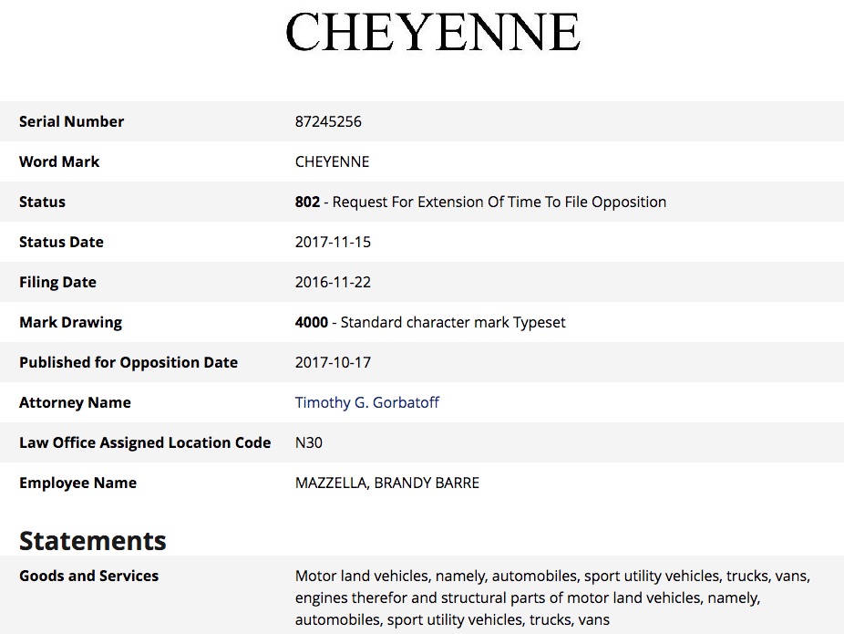 GM Cheyenne USPTO filing