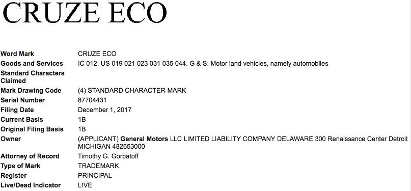 General Motors Cruze Eco Trademark Application