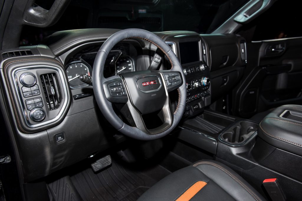 2019 GMC Sierra AT4 1500 interior live at 2018 New York Auto Show 001 cockpit and steering wheel