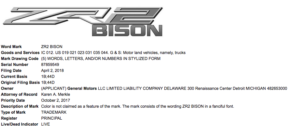 GM ZR2 Bison Trademark Application USPTO