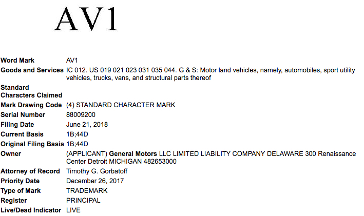 General Motors AV1 Trademark Application