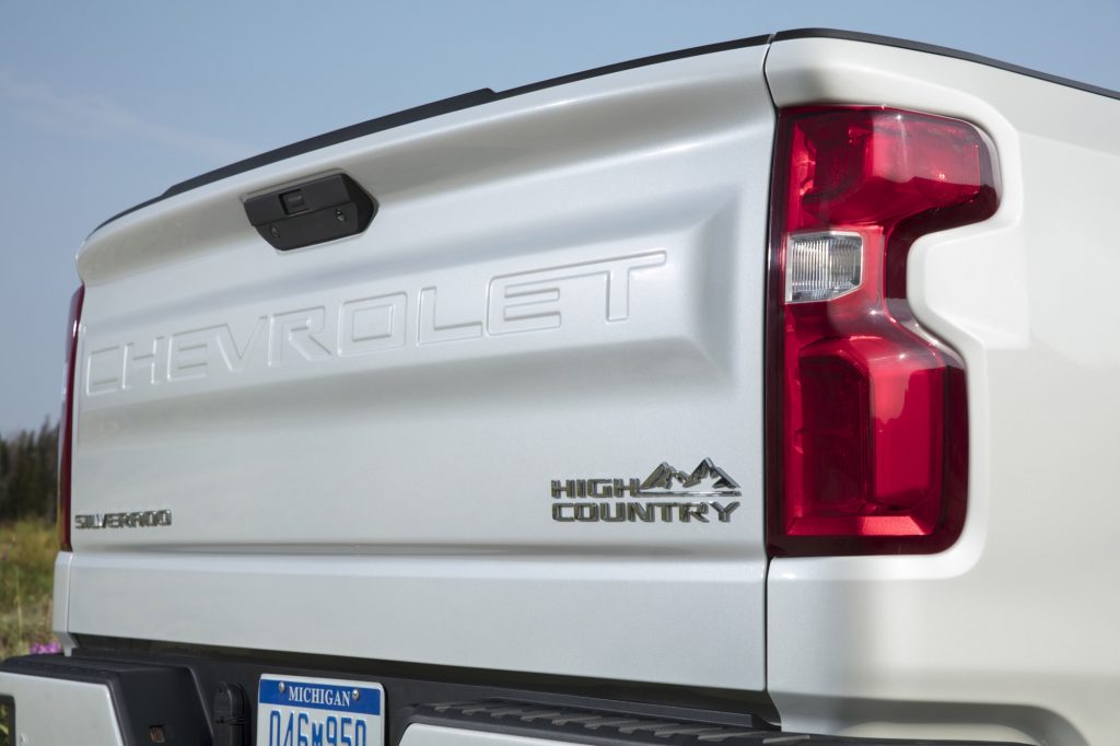 2019 Chevrolet Silverado High Country exterior - August 2018 - Wyoming 007 - rear focus tailgate with CHEVROLET logo