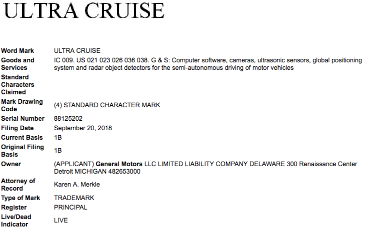 GM Ultra Cruise Trademark Filing