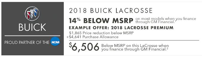 2018 Buick LaCrosse 16 percent below MSRP incentive - October 2018