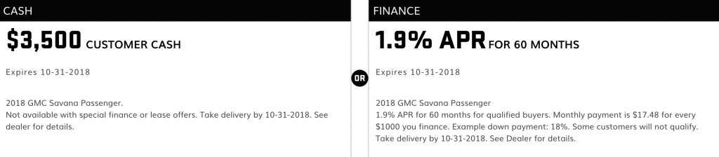 2018 GMC Savana October 2018 Incentive