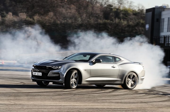 A Chevy Camaro drifting.