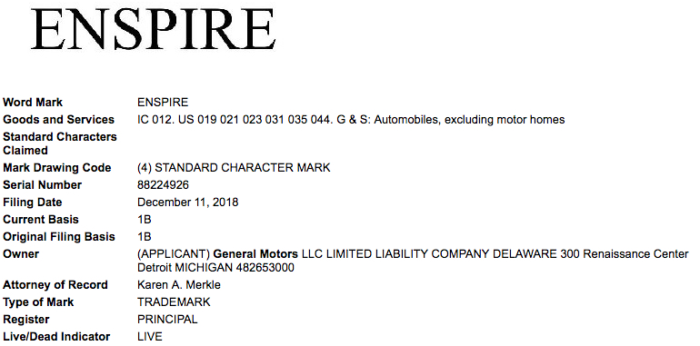GM Enspire Trademark USPTO - December 2018