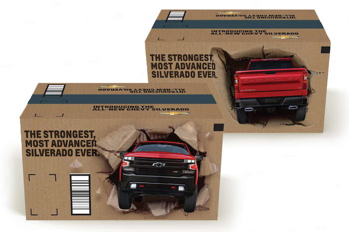 In an automotive industry first, the Chevy Silverado will break through the traditional brown packaging on 7.1 million Amazon boxes.
