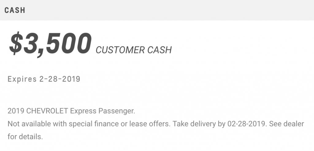 Chevrolet Express Feb 2019 Incentive