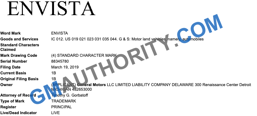 GM Envista Trademark Filing - March 2019 - GMA Watermark