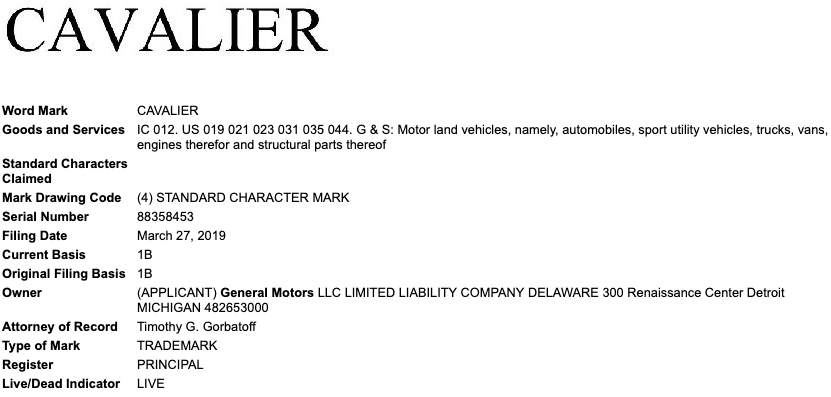 GM Trademark Application - Cavalier - March 2019