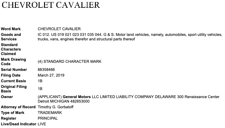 GM Trademark Application - Chevrolet Cavalier - March 2019