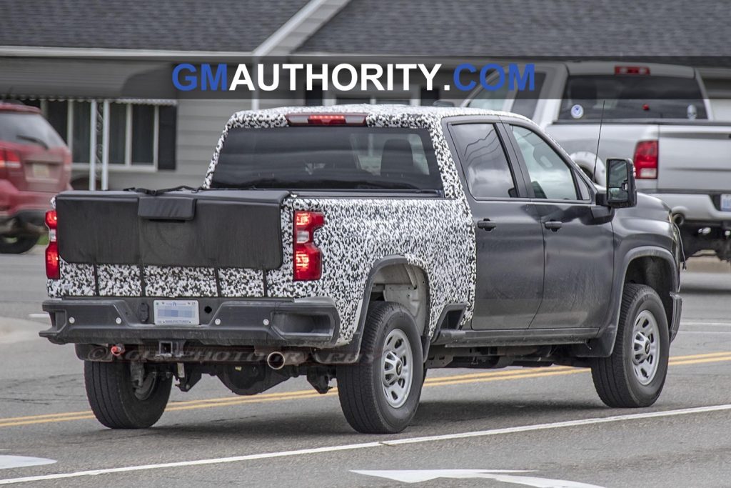 A prototype of the T1 Chevrolet Silverado HD undergoing testing with the Chevrolet Multi-Flex tailgate 
