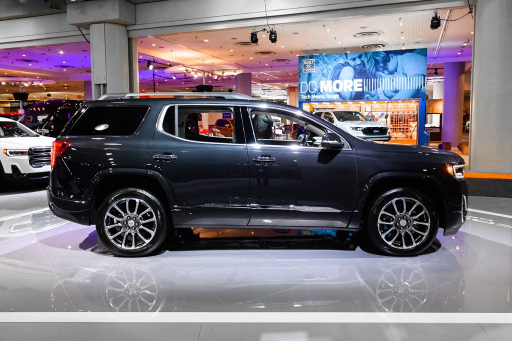 Shown here is the GMC Acadia midsize crossover shown in the range-topping Denali trim. A bigger, next-generation GMC Acadia is on the way for the 2024 model year.