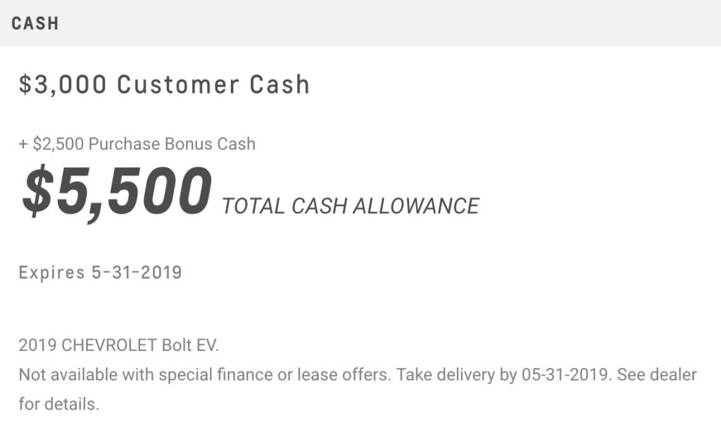 Chevrolet Bolt EV May 2019 Incentive
