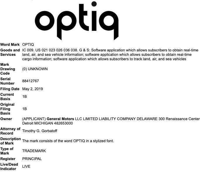 GM Optiq trademark application - May 2019 - USPTO