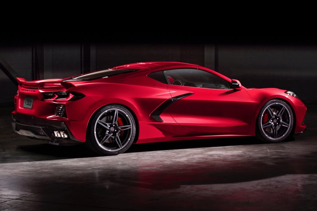2020 Chevrolet Corvette C8 Stingray Coupe Z51 Performance Package with Carbon Flash Badges and Carbon Flash Accents Exterior Torch Red in Studio 006 rear three quarters - roof panel on