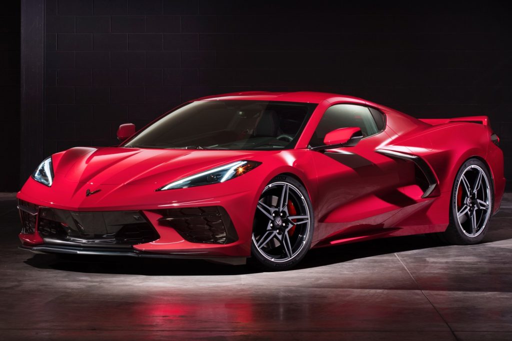 2020 Chevrolet Corvette C8 Stingray Coupe Z51 Performance Package with Carbon Flash Badges and Carbon Flash Accents Exterior Torch Red in Studio 020 front three quarters - roof panel on