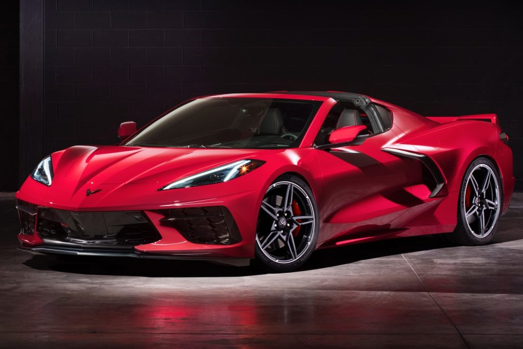 2020 Chevrolet Corvette C8 Stingray Coupe Z51 Performance Package with Carbon Flash Badges and Carbon Flash Accents Exterior Torch Red in Studio 022 front three quarters - roof panel off