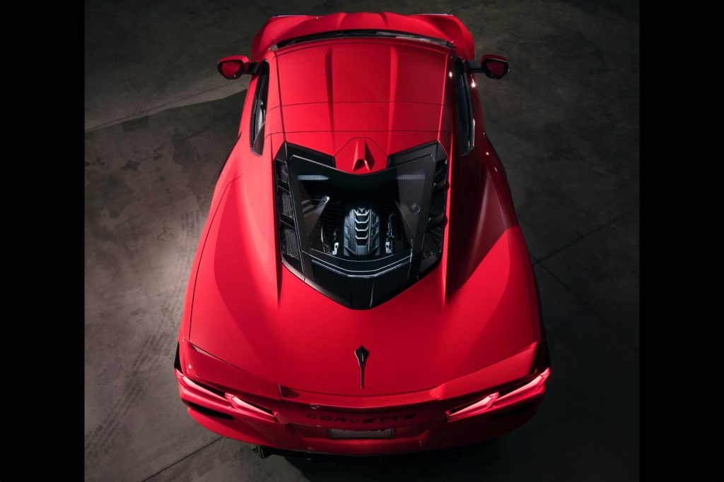 2020 Chevrolet Corvette C8 Stingray Coupe Z51 Performance Package with Carbon Flash Badges and Carbon Flash Accents Exterior Torch Red in Studio 034 top rear end - roof panel on