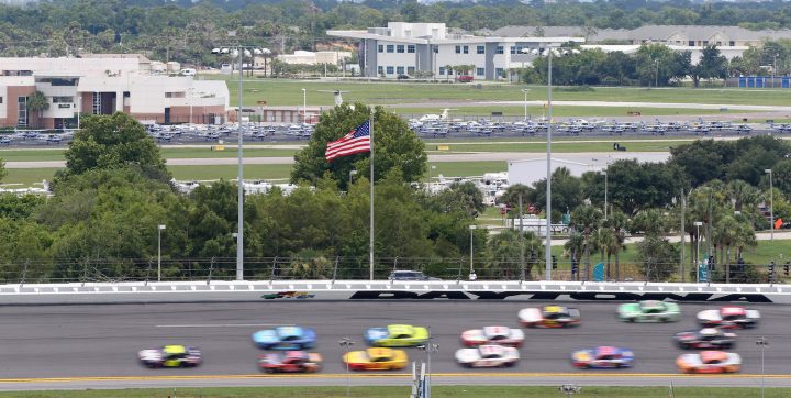 Image of NASCAR Chevy driver Justin Haley leading at Daytona, who will trade places with Cup drive Corey LaJoie.