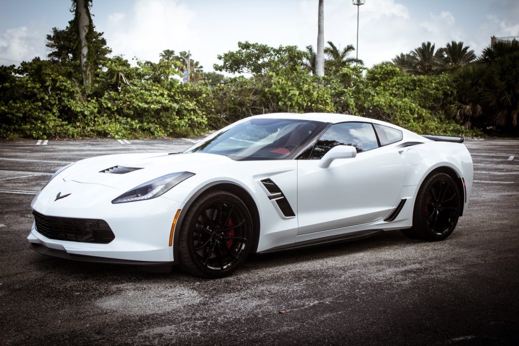 A front three quarters view of the 2019 Chevrolet Corvette C7 Grand Sport Coupe in Arctic White.