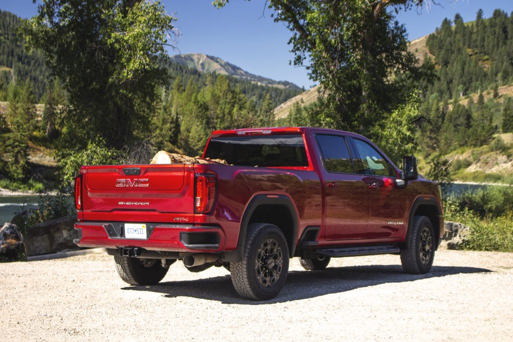 This is the 2020 GMC Sierra HD heavy duty pickup truck with the AT4 off-road package and MultiPro tailgate.