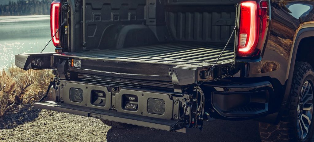 GMC MultiPro tailgate with Kicker audio system (2019 GMC Sierra 1500 model shown)