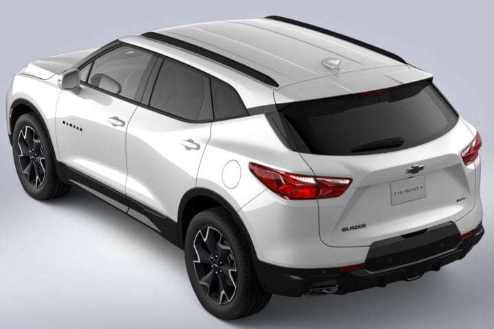 Rear three quarters overhead view of the 2025 Chevy Blazer. 