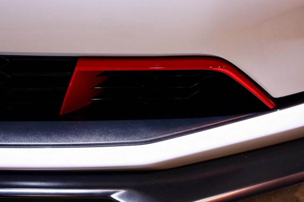 Red lower grille insert on 2020 Chevrolet Camaro LT1 Convertible Concept at 2019 SEMA Show