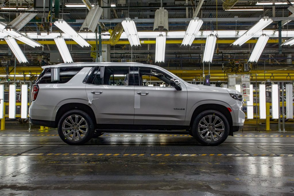 Side profile of 2021 Chevy Tahoe being built at GM Arlington plant in Texas.