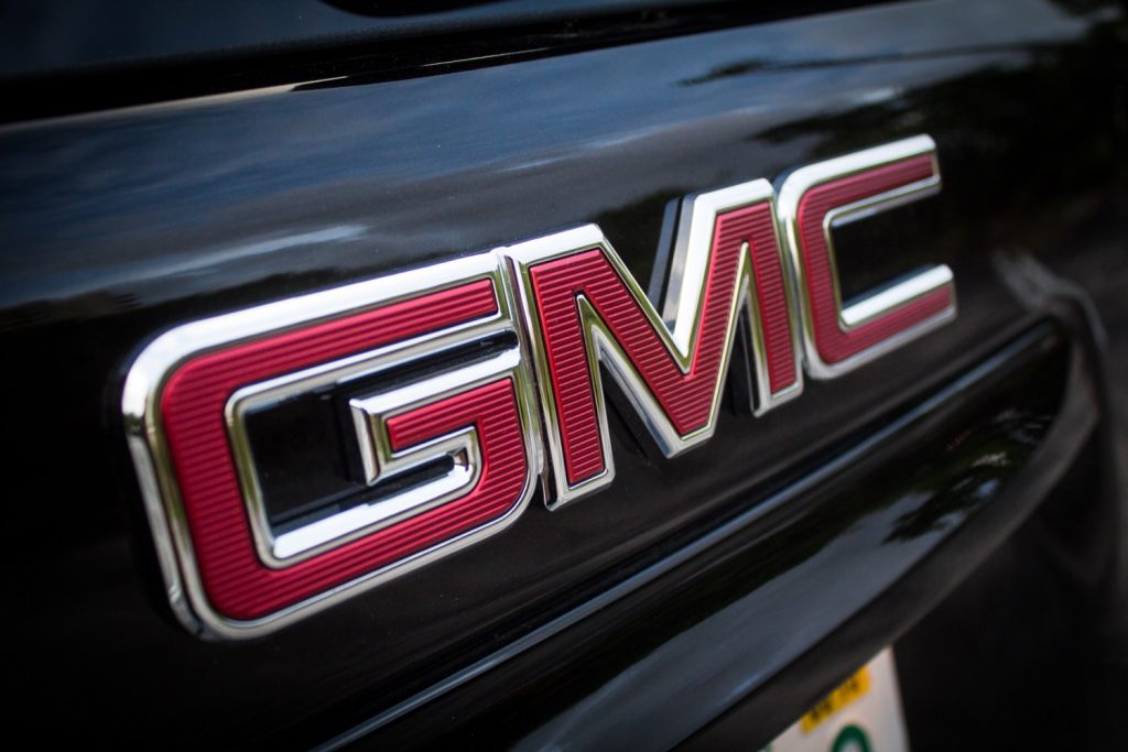 The GMC logo on a GMC Terrain. 