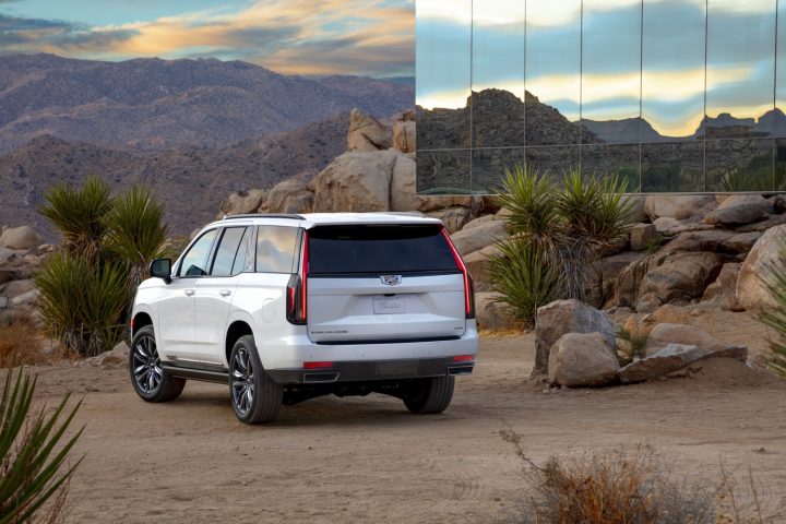 Rear three-quarters view of the Cadillac Escalade.