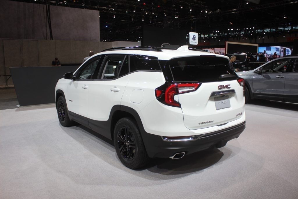 Rear three-quarters view of a 2021 GMC Terrain.