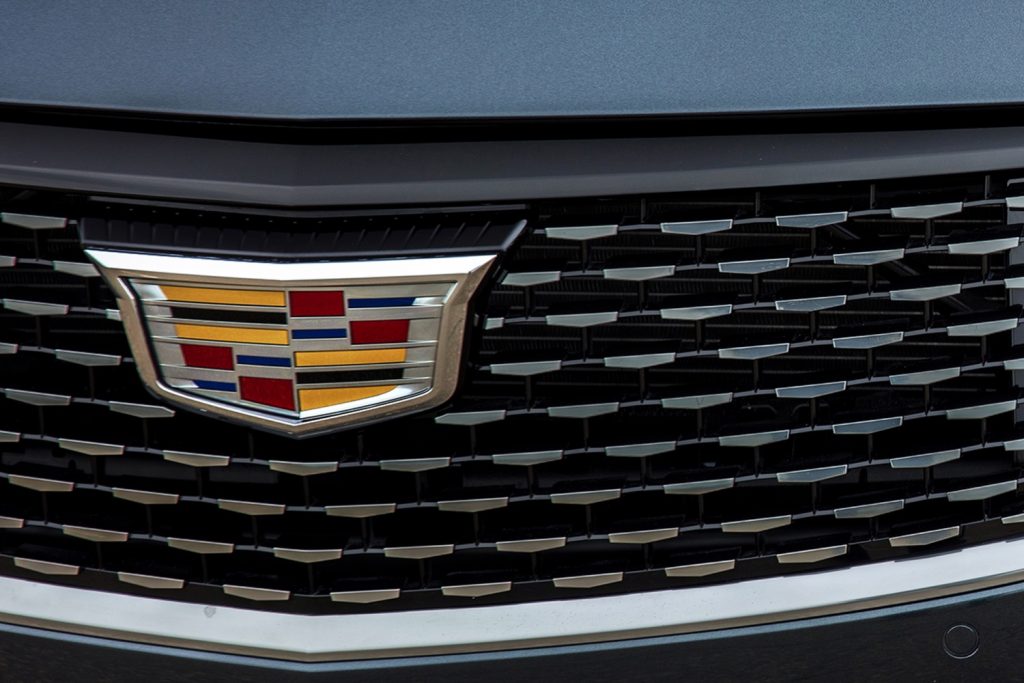 The Cadillac badge on the CT4 grille.