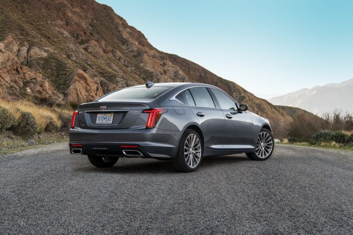 Rear three quarters view of the Cadillac CT5.