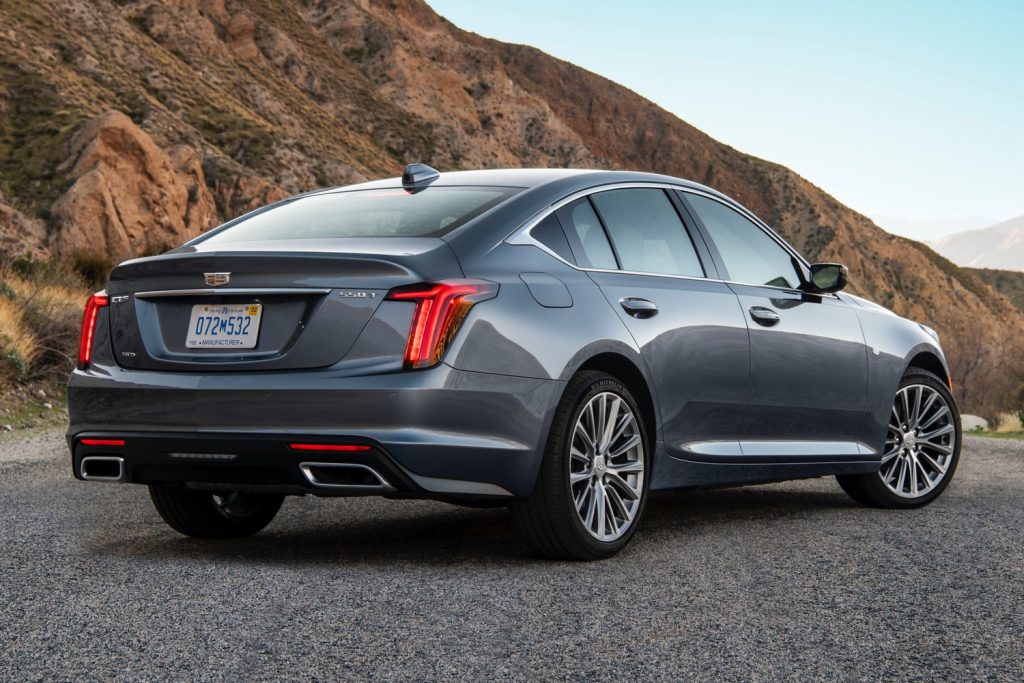 Rear three quarters view of the 2022 Cadillac CT5.