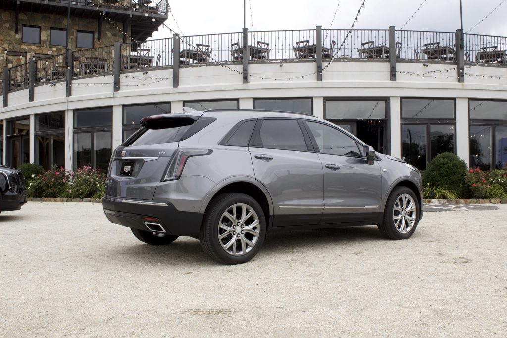 Rear three quarters view of the first-gen Cadillac XT5, similar to the 2024 Cadillac XT5.