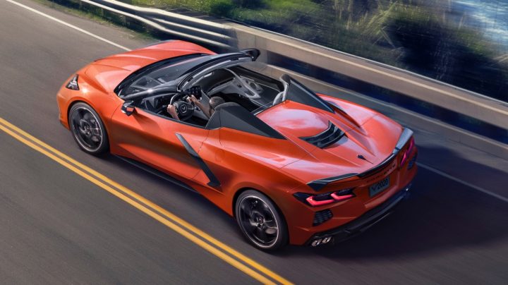 Overhead view of a Chevy Corvette Stingray convertible. In January 2025, Chevy Corvette deals include a special lease program.